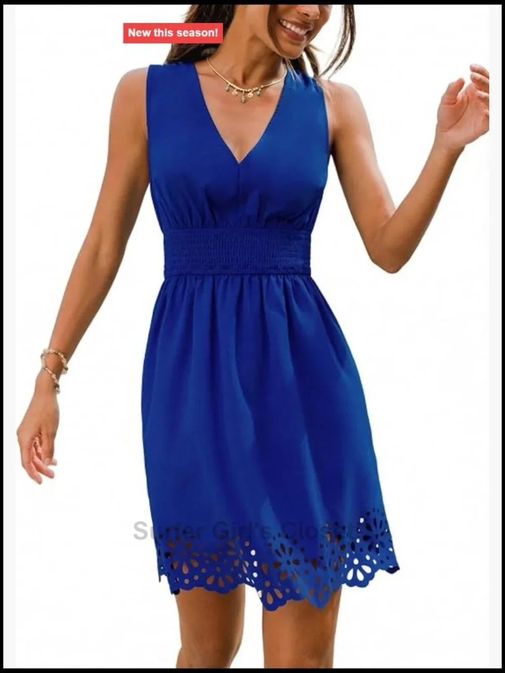 Women's Mini Summer Dress V Neck Sleeveless Smocked Waist A-Line Eyelet Sundress
